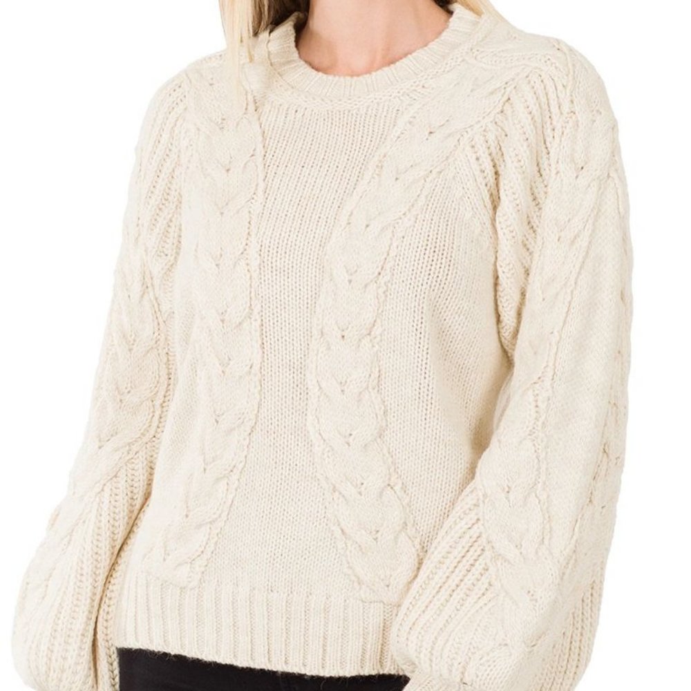 CABLE KNIT BALLOON SLEEVE SWEATER